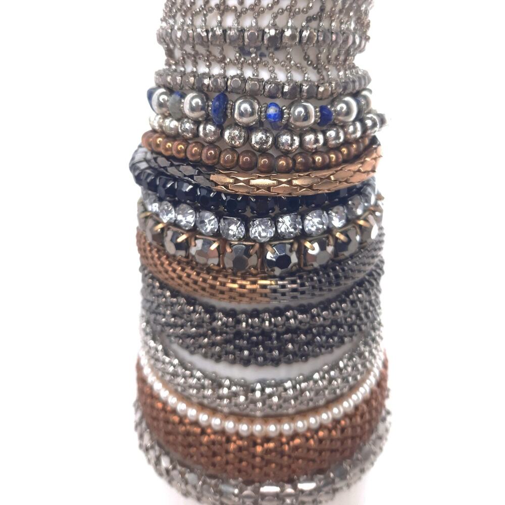 Bracelet Stack of 15 Mixed Lot Vintage Jewelry Destash Stretch Bronze Silver